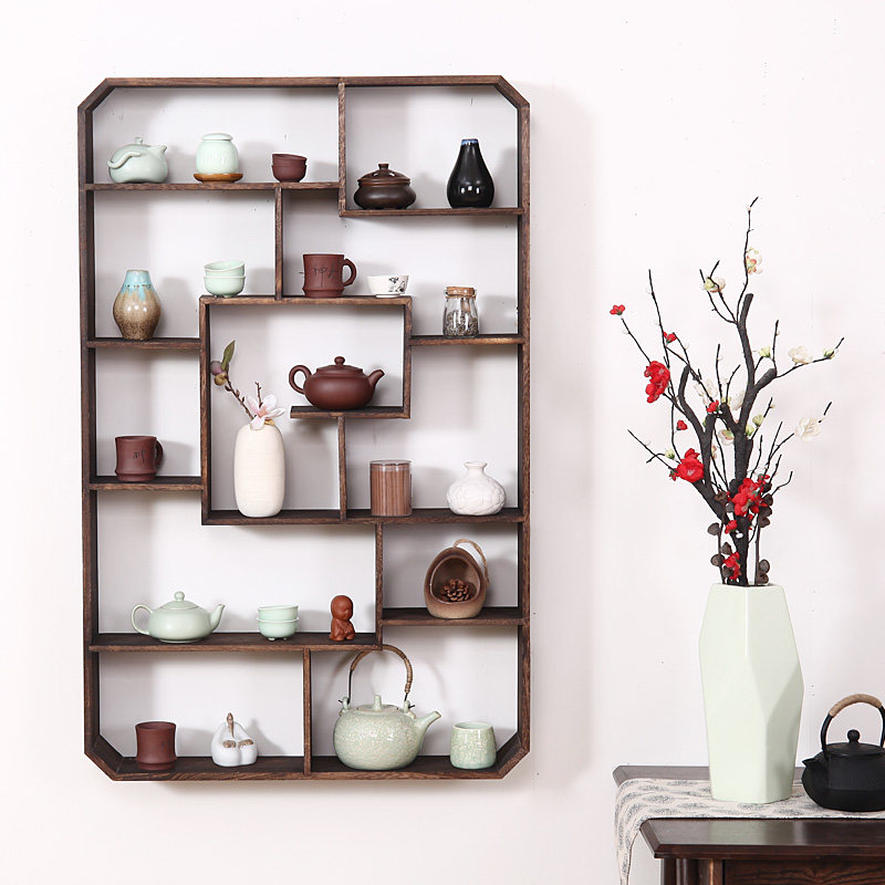 Solid wood tea cup rack Tea set rack Chinese wall hanging Bogu rack Duobaoge ornaments shelf display rack Storage shelf