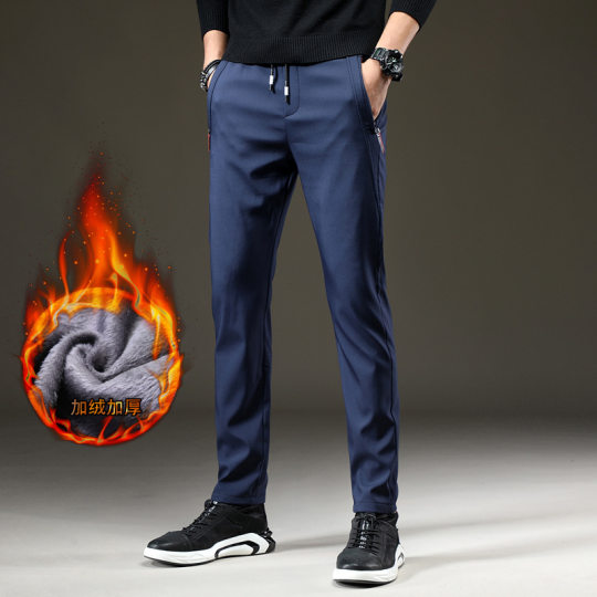 2021 Autumn and Winter New Style Fleece-Lined Thickened Warm Casual Pants Men's Straight-Leg Elastic Waist Sports Pants Korean Style Slim-Fit Long Pants