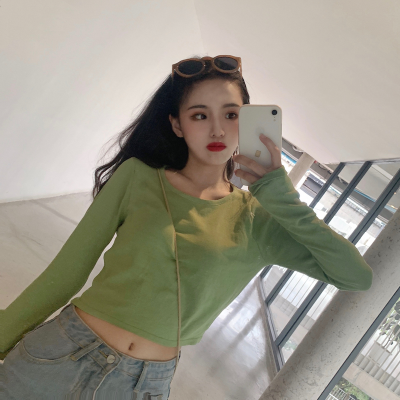 Spring Dress New Vintage Pure Desire T-shirt Lady Round Collar Short slim knit Long sleeves Nets sunscreen blouse