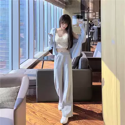 Lace suspender knitted cardigan high waist hanging straight trousers Hong Kong style fashion small three-piece suit female summer