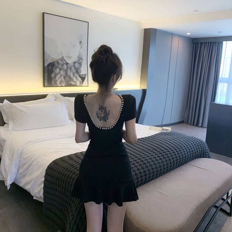 Summer new sexy careful machine big backless short-sleeved A-line skirt female retro niche waist slim dress