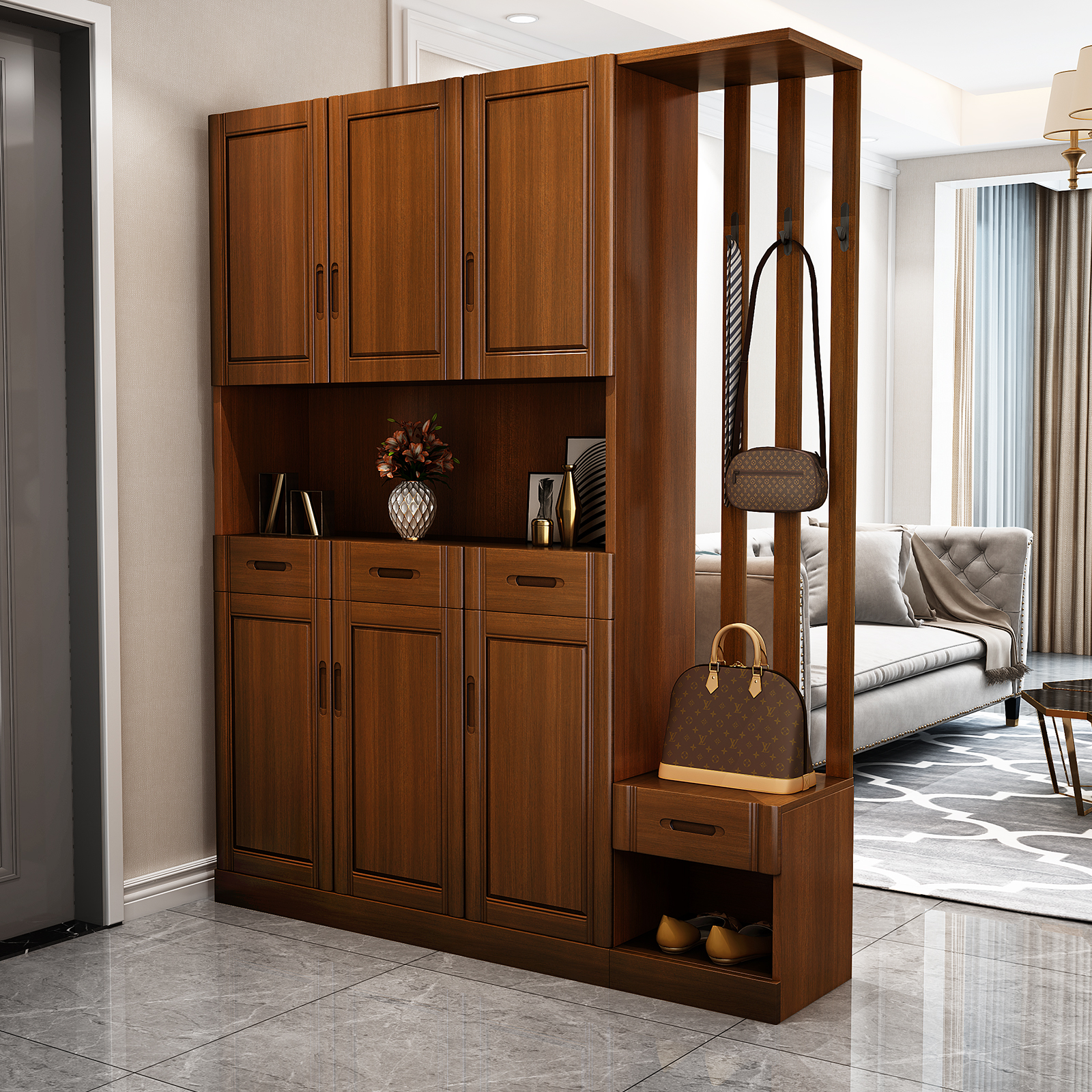 Full solid wood shoe cabinet Household door entrance cabinet Oak small household door foyer cabinet One-piece Chinese living room compartment