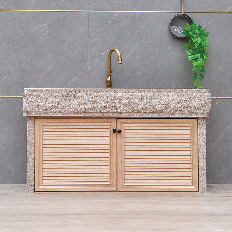 Marble Sink Basin with Washboard, Outdoor Courtyard Natural Stone Integrated Sink, Aluminum Alloy Cabinet Door