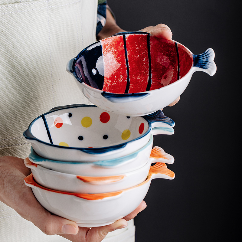 Children's cute cartoon ceramic bowl creative household tableware eating bowl Japanese fish-shaped rice bowl fruit salad bowl