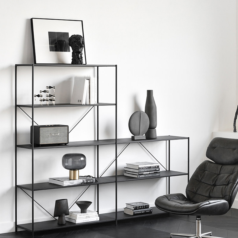 Nordic light luxury black rack wrought iron floor-to-ceiling multi-layer display rack pole rack living room against the wall bookshelf simple ins
