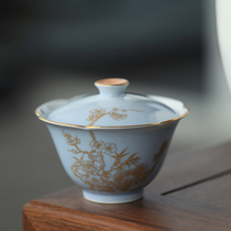 Outer mountain hidden Winter Blue three friends gold cover Bowl Jingdezhen hand-painted ceramic tea set single