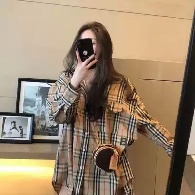 Korean version of the new spring and autumn BF wind long plaid shirt women's long sleeve loose thin letter top cardigan shirt