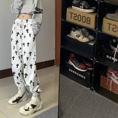 Autumn and winter white bunch feet net red plus velvet pants women's loose high waist slim Joker full of cross sports pants