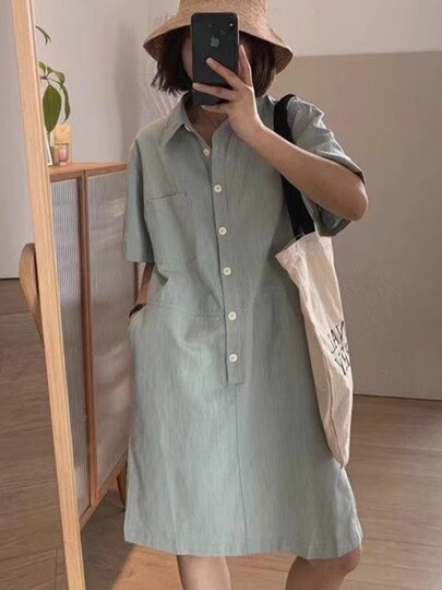 文艺衬衫裙女夏polo领短袖卫衣大版运动T恤裙子中长款棉麻连衣裙