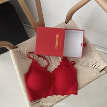 Red set of French bras that push up and hold side breasts autumn thin seamless semi-fixed cup sexy bra set