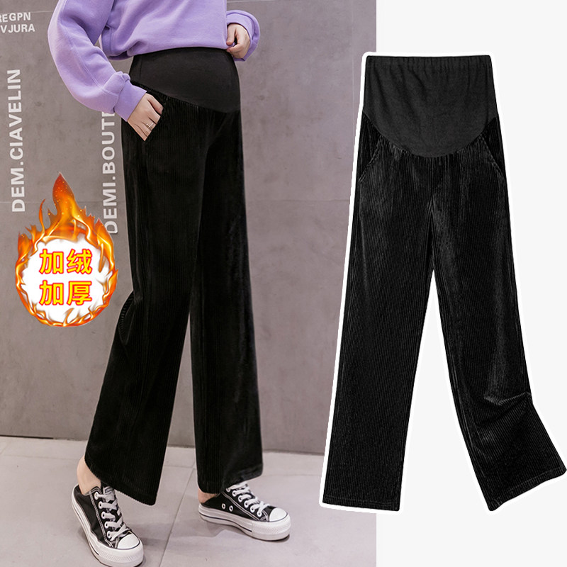 Maternity pants winter thick plus velvet outer wear autumn and winter fashion trendy mom new trousers loose winter 2020 black