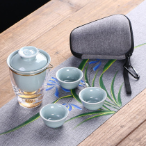 Portable travel fast guest Cup Ru kiln can open kung fu tea set ceramic Japanese one pot three cup glass set
