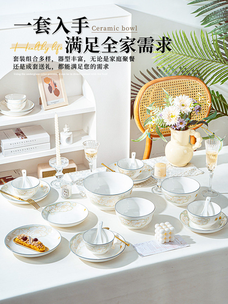 Underglaze Color Bowl and Plate Set for Home Use, 2025 New Model, Ceramic Bowls, Plates, Chopsticks, High-Value Tableware Set for Housewarming