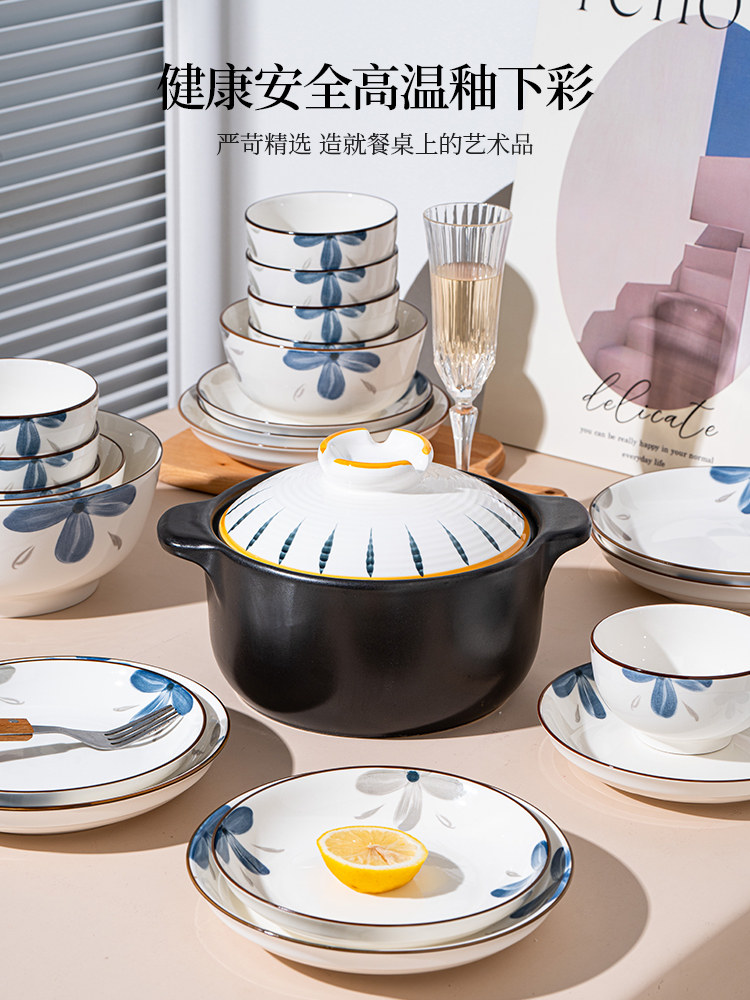 Dishes and Bowls Set for Home Use, Underglaze Color Rice Bowls, Simple and Modern 2025 New Style Ceramic Bowls, Plates, Chopsticks, and Tableware Set