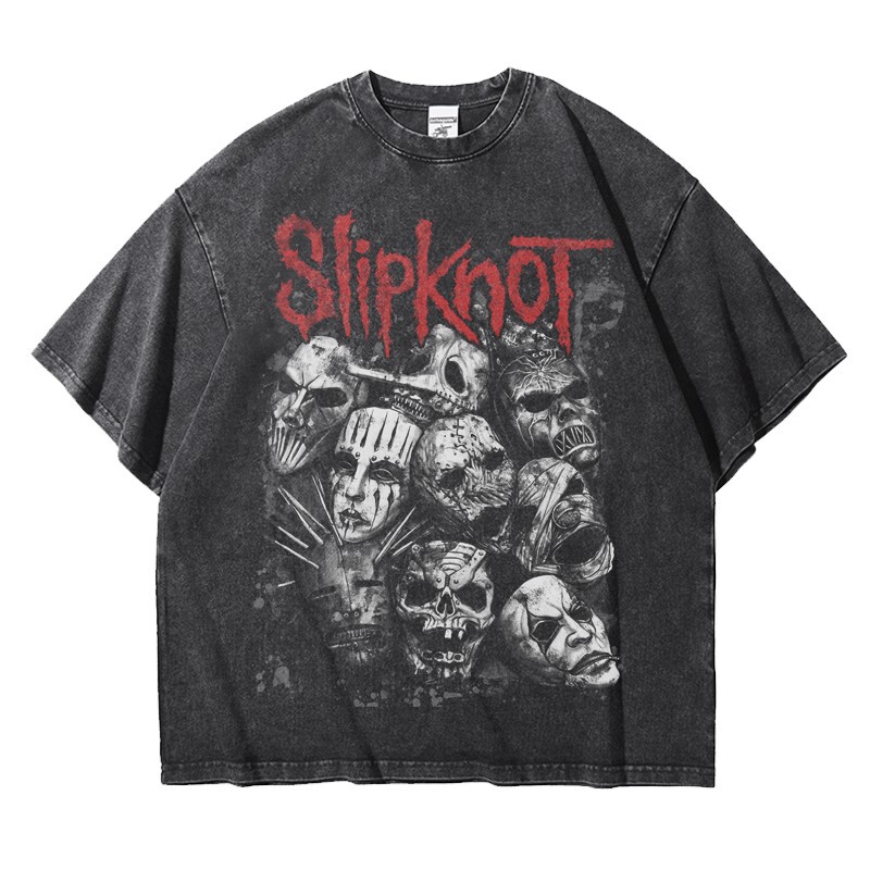 Slipknot Metal Rock Band American Heavy-Duty Drop-Shoulder T-Shirt Pure Cotton Loose Vintage Distressed Washed