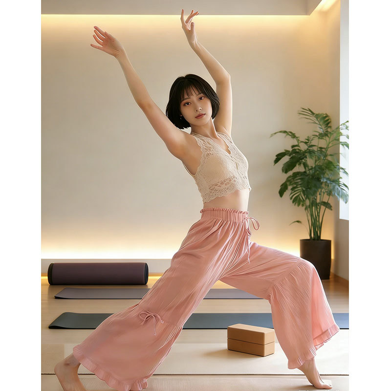 Drawstring Ruffled Casual Yoga Pants for Women, New Summer Style, Sports and Leisure Vacation Long Pants, Inner-View Flow Yoga Pants