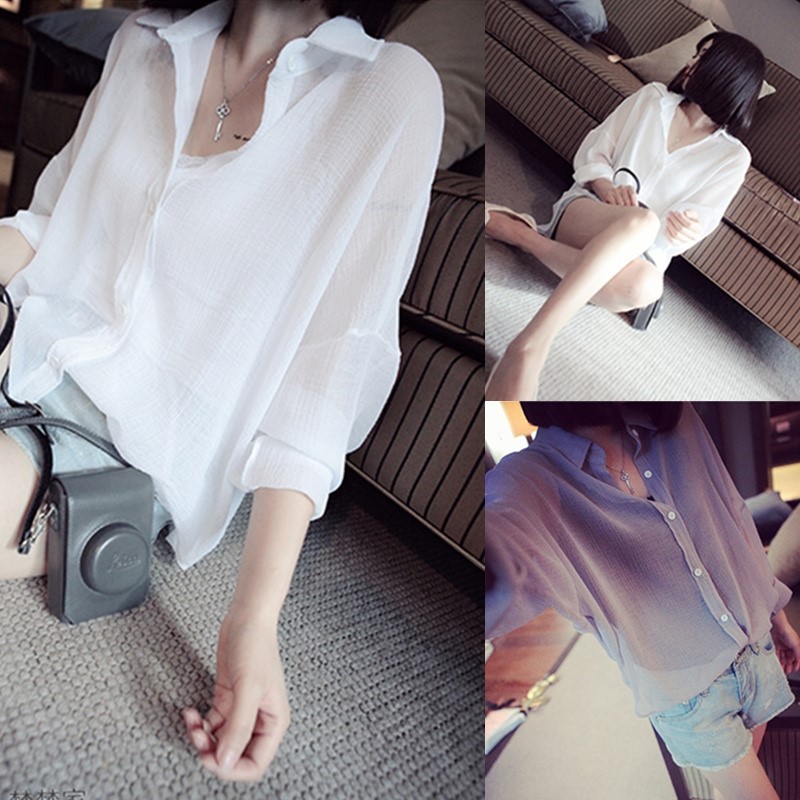 Mùa hè mới áo sơ mi mỏng nữ Han Fan chi-fone áo bên ngoài mệt mỏi loose-fitting lớn mã áo chống nắng vẻ mỏng