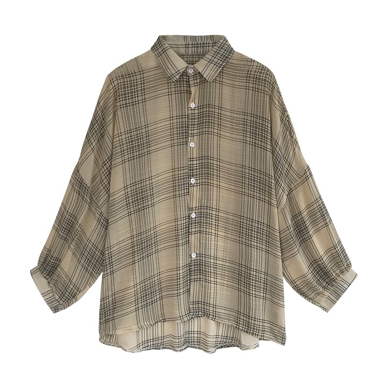 Mới Lớn Mã Loose BF Plaid Shirt 2020 Spring / Summer nữ nữ dài SleeveHong Hồng Kông Hương vị Jacket Han Fan áo Jacket