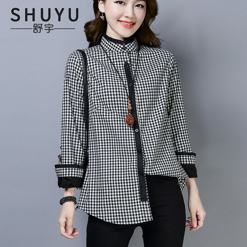 Velvet shirt women's casual 2021 autumn new loose thin plaid shirt stand-up collar thickened warm base shirt