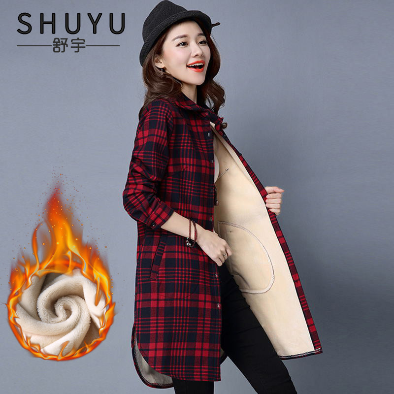 Velvet plaid shirt women's autumn 2021 new casual medium and long version loose thin thick warm cardigan jacket
