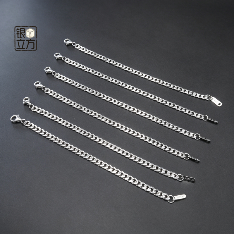 S925 Sterling Silver Embossed Cuban Bracelet with Floral Side Chain, Finished Chain, Nk Chain, Simple Plain Chain, Unisex Silver Chain