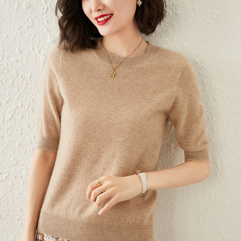 Worsted 100 pure cashmere sweater women's short-sleeved knitted bottoming T-shirt loose thin section mid-sleeved T-shirt half-sleeved sweater