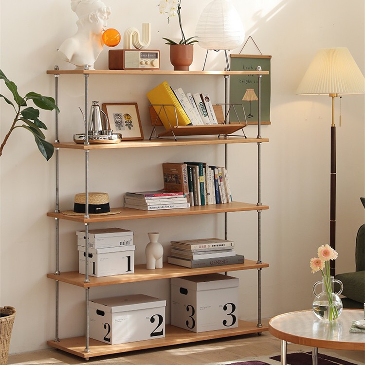 Nordic Solid Wood Storage Partition Shelf Living Room Floor-Standing Multi-Layer Bookshelf Stainless Steel Display Rack Simple Storage Rack