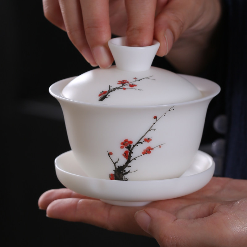 Lixia Dehua white porcelain sheep fat jade porcelain three-cai cover bowl Teacup Pure handmade hand-painted Kung Fu tea household tea bowl