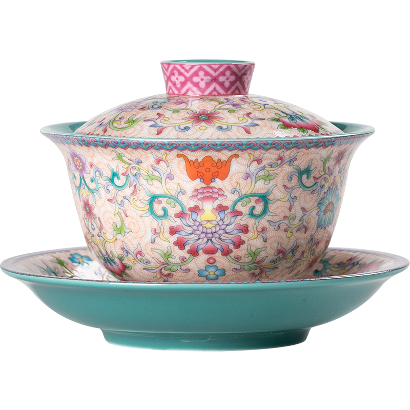 白い万花琺瑯彩三才蓋碗 茶杯 茶碗 煎茶道具 茶道具 香道具 装飾品