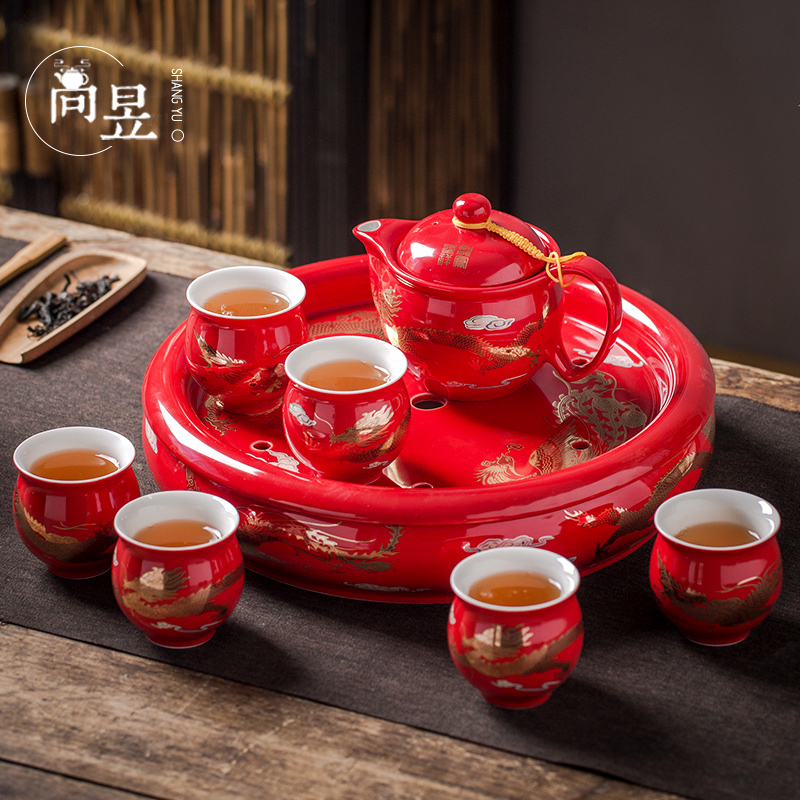 Jingdezhen tea set Household living room teapot teacup red wedding festive tea tray bubble high-end gift practical