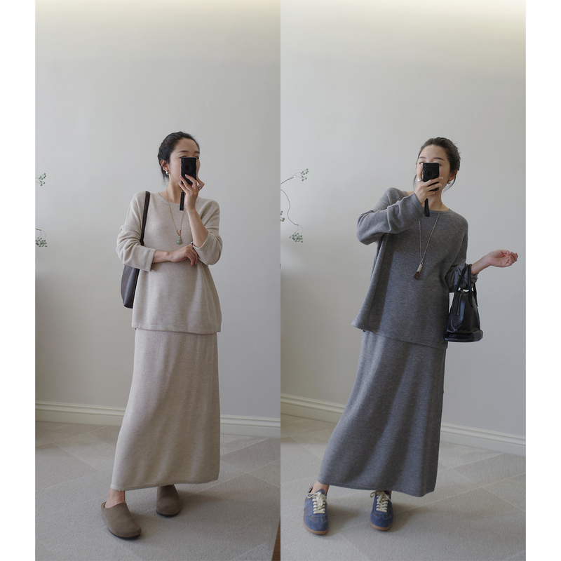 Wool Knitted Suit for Women 2026 Autumn and Winter New Style Lazy Style Round Neck Gray Sweater Elastic Waist Skirt Wool Knitted Suit for Women 2026 Autumn and Winter New Style Lazy Style Round Neck Gray Sweater Elastic Waist Skirt