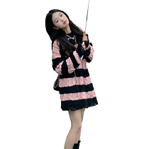 Pink striped sweater for women in winter Korean style first love style sweet and high-end round neck loose ripped casual jacket trendy