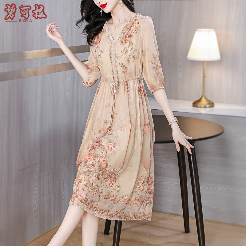 2025 Summer New Heavy-Duty Waist-Slimming Dress Women's Elegant Ladylike Floral Imitation Silk Dress