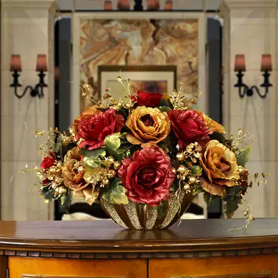 Living room simulation flower set fake flower decoration silk flower rose dining table decoration potted European vase flower arrangement decoration