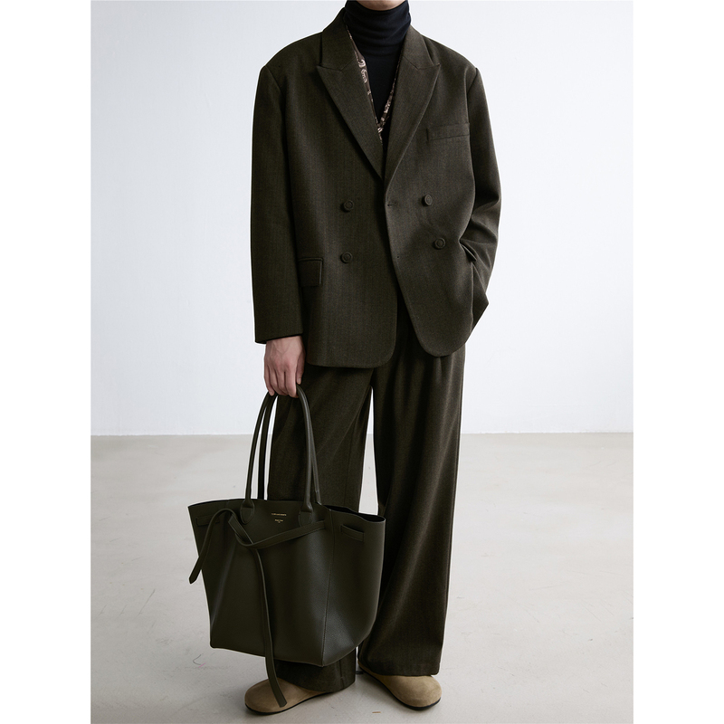 Acetate Wool Herringbone Double-Breasted Suit Set, Old Money Style, Vintage Color Pattern, Loose Casual Suit and Formal Wear Set