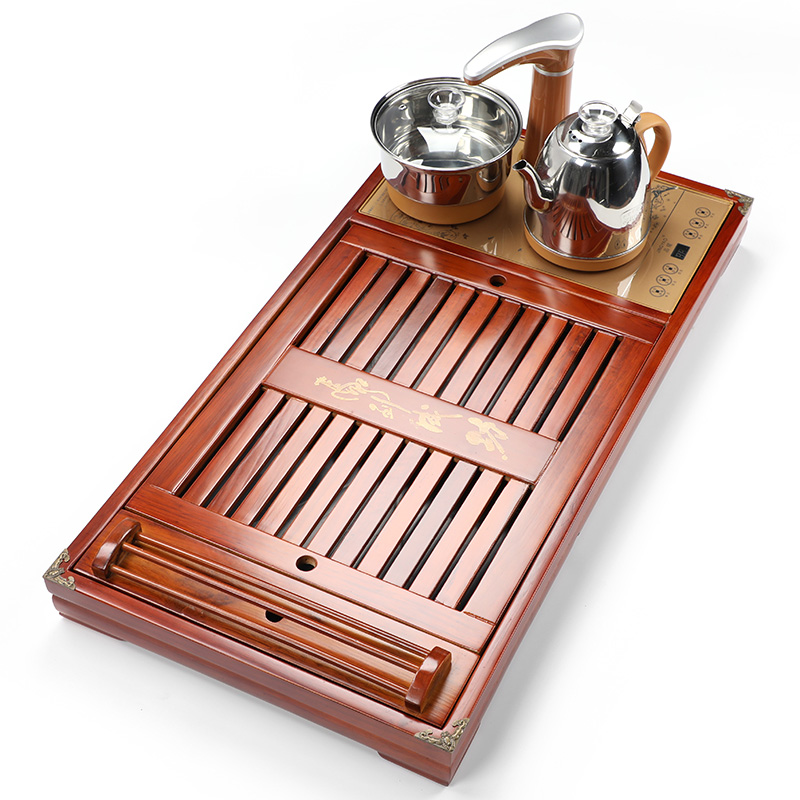 Solid wood tea tray induction cooker four-in-one large number drainage whole set of embedded power tea table suit