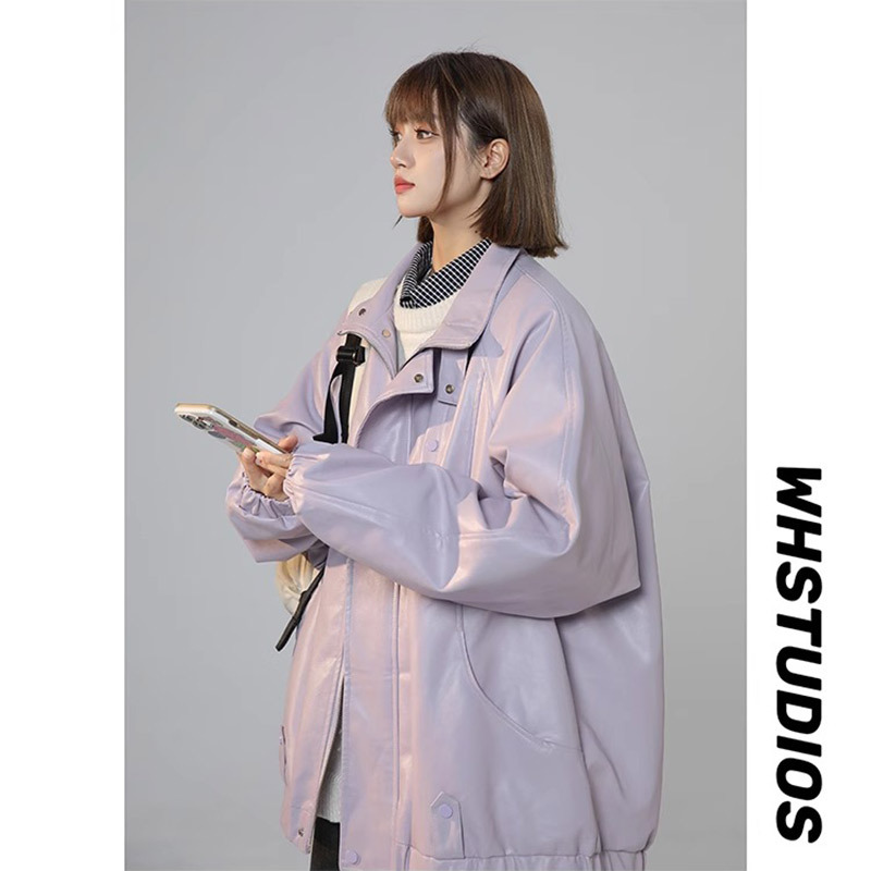 Taro Purple Leather Jacket for Women, Autumn and Winter Style, High Street American Style, Trendy and Beautiful This Year, Short Biker Jacket for Couples