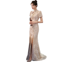 Champagne color toast dress high-end niche fishtail bride wedding outing evening dress temperament backless cheongsam welcome yarn