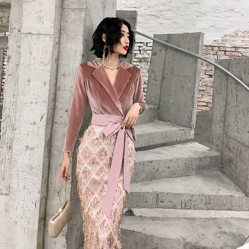 High-end evening dress skirt women's banquet temperament noble host dress women's annual meeting dress suits ladies show thin