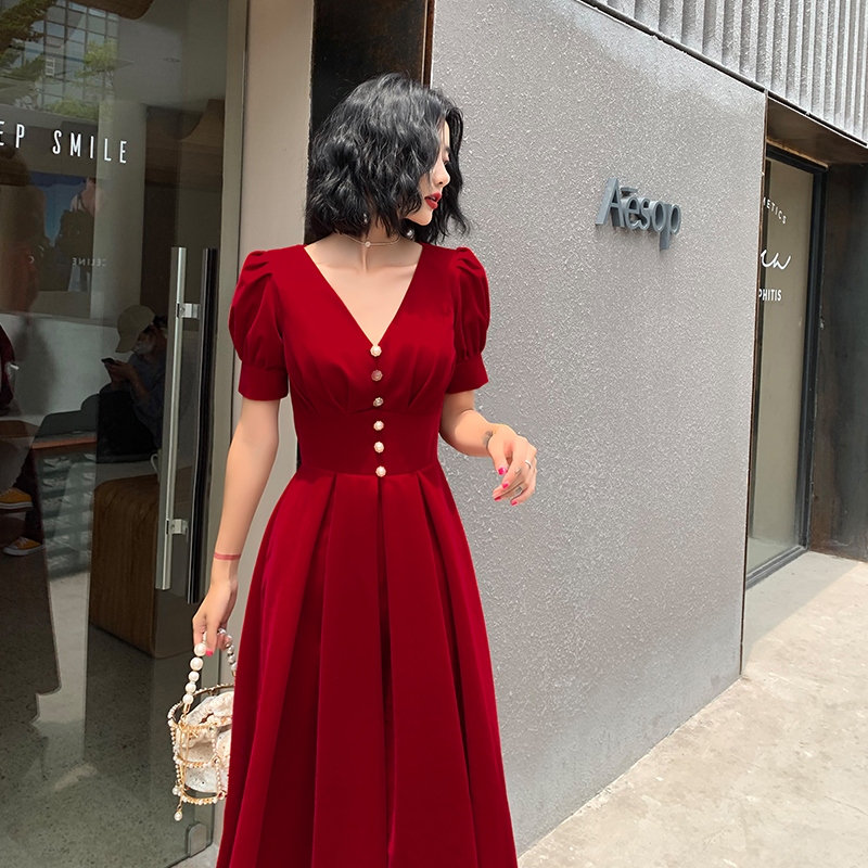 Toast suit 2022 new atmosphere V wine red bride evening dress female high - temperament dinner party back to engagement