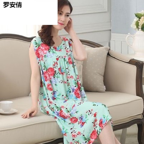 Bộ đồ ngủ nữ mùa hè cotton lụa Hàn Quốc phiên bản của bộ đồ ngủ cỡ lớn ở người già bông tay nhân tạo dài vừa mẹ mặc một chiếc váy.