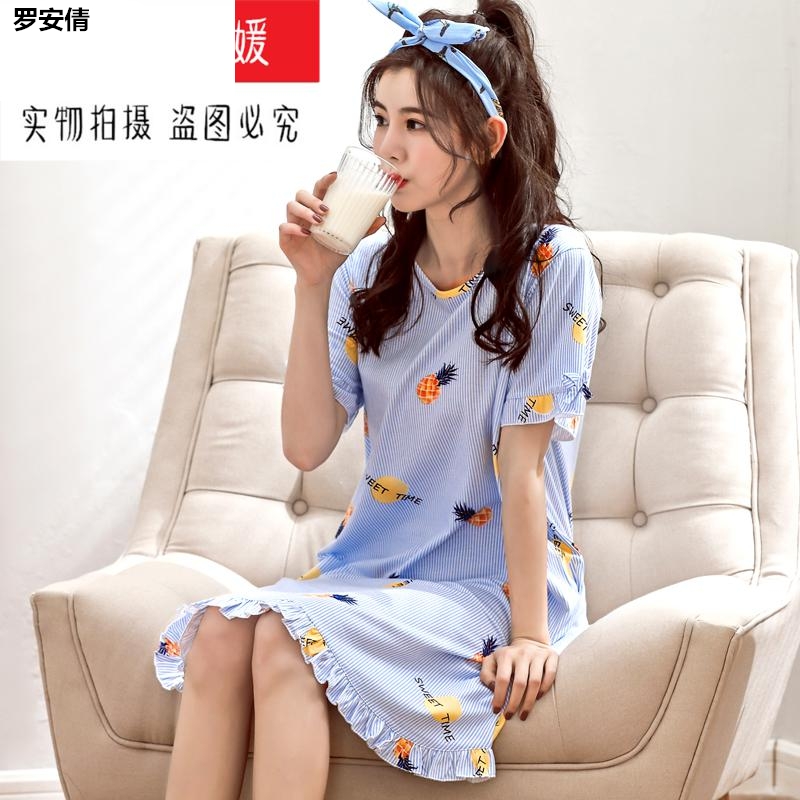 Mùa xuân và mùa thu womens mới đồ ngủ Hàn Quốc lỏng tay áo thun váy váy dài ngủ có thể mòn bên ngoài giấc ngủ.