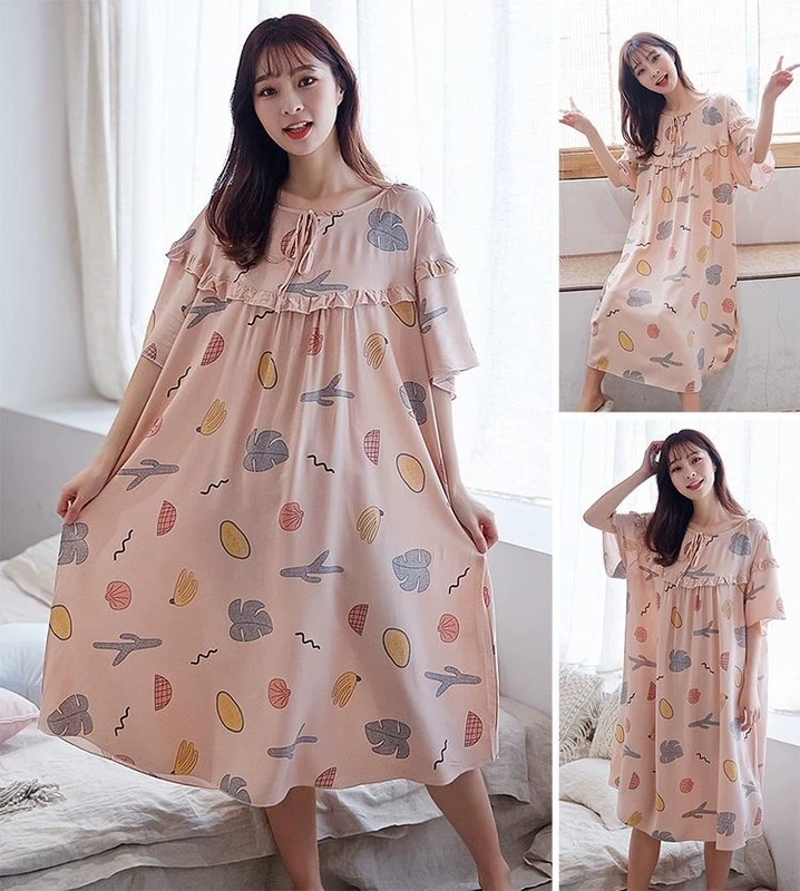 Váy bầu cotton lụa, váy ngủ đi chơi, nữ béo MM200 kg xuân hè plus fat plus size đồ ngủ cotton cho bà bầu rộng rãi - Đêm đầm