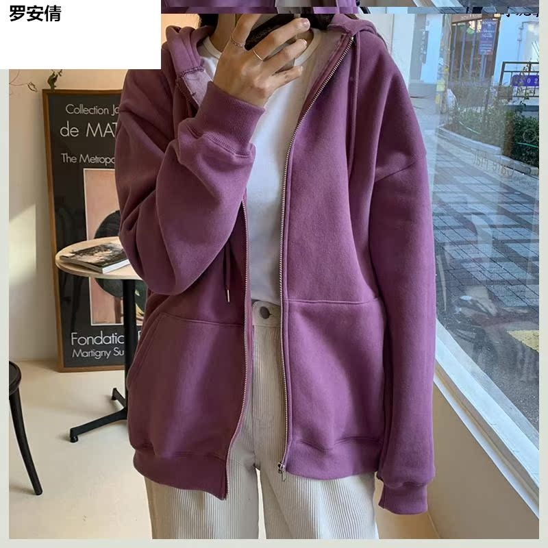 áo khoác mùa thu trùm đầu màu tím áo của phụ nữ trang bị cho bf mới lỏng zip-up cardigan Hàn Quốc phiên bản của đầu thể thao sinh viên