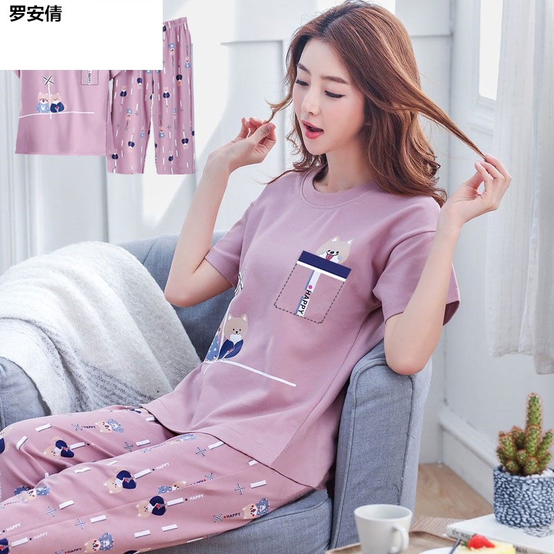 Summer womens đồ ngủ womens đồ ngủ cotton mùa hè ngắn tay bảy điểm quần bông bộ mùa hè có thể mặc quần áo nhà bộ hai mảnh.