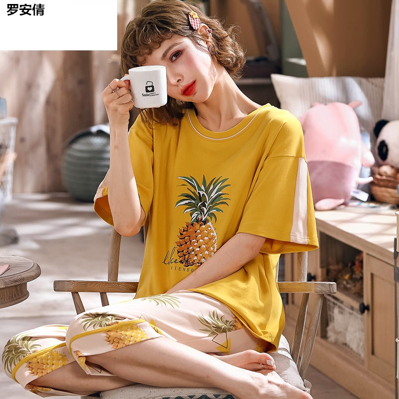 quần bảy điểm Pajama cô gái mùa hè bông tay áo ngắn. hai mảnh thiết lập phiên bản Hàn lỏng kích thước lớn mỏng có thể mặc bên ngoài nhà.