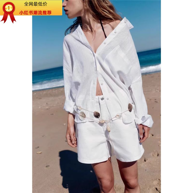 2024 Spring/Summer New Product Pocket Decoration White Loose Slimming Basic Long-Sleeve Pure Linen Shirt 8372097