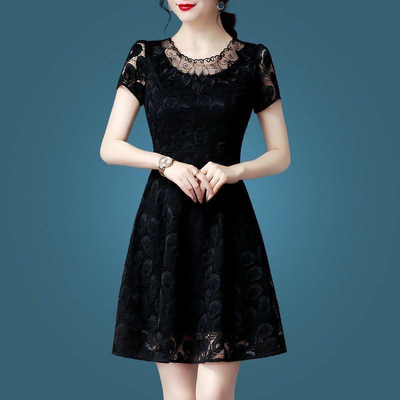 Summer Temperament Black Lace Short Sleeve One-piece Dress Slim New Big Code Woman Dress Fat Mm Covered With Long Dresses A dress-Taobao