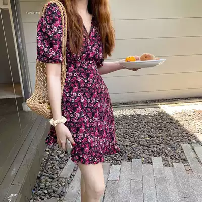 Suitable for hip thigh thick dress large size women's fat mm slim vneck French retro purple floral skirt