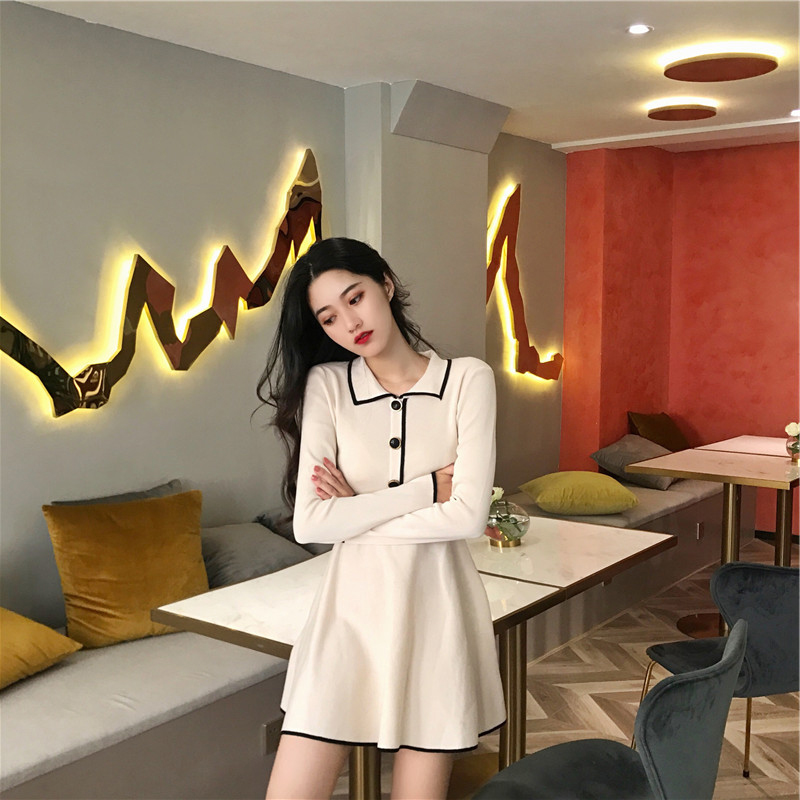 Fa-style retro temperament POLO collar button HIGH WAIST SWEATER DRESS Slim Fit Slim Fit Long Sleeves Knit Foreign Dress Woman
